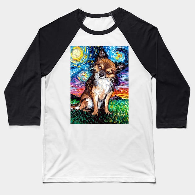 Long Haired Chihuahua Night Baseball T-Shirt by sagittariusgallery